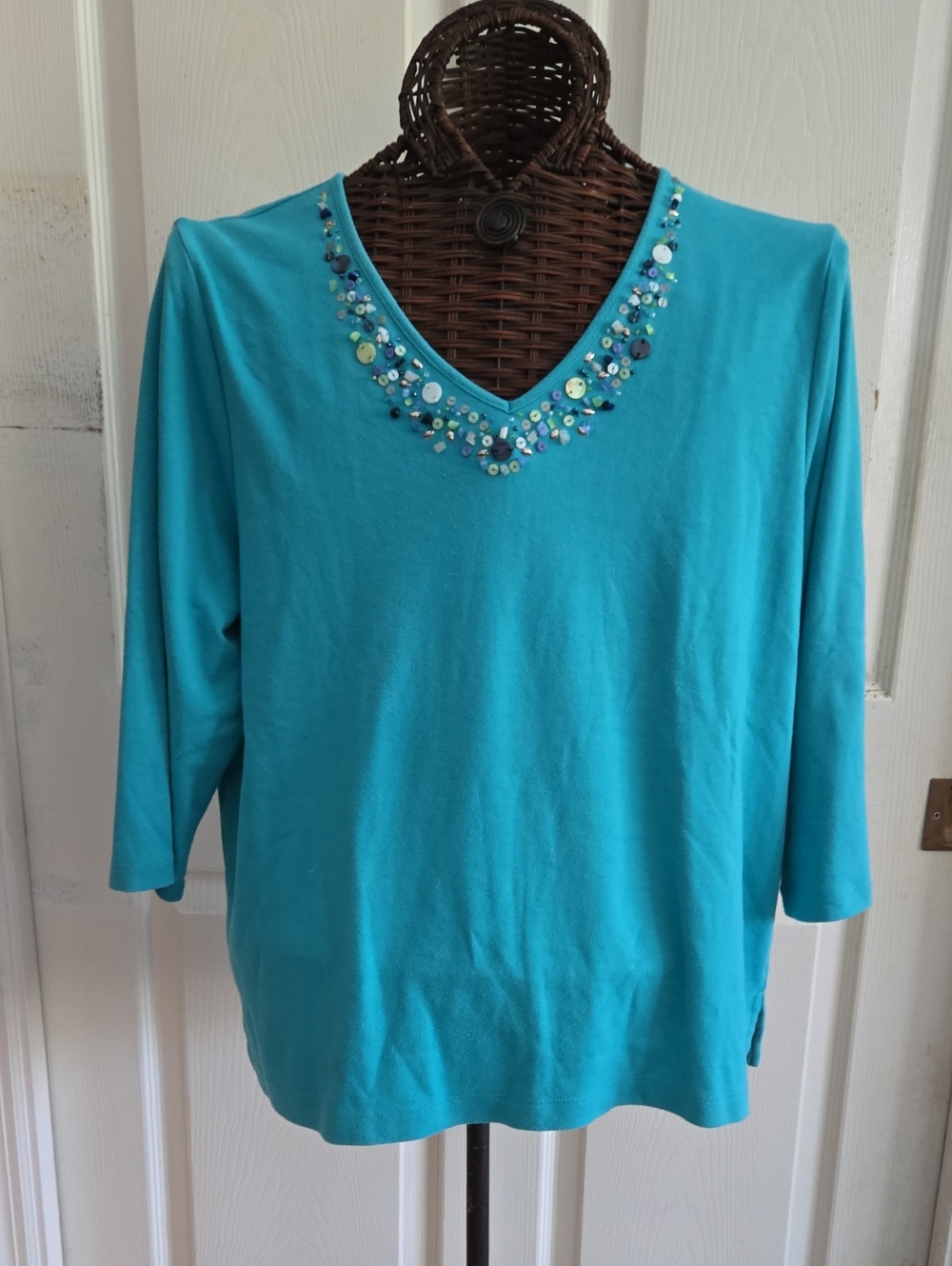 Embellished V-Neck Turquoise Long Sleeve Women's Top